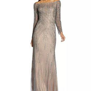 NWT Adrianna Papell Womens Silver Gray Sequined Off Shoulder Gown Dress SIZE 10